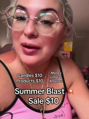 A selfie-style shot of a woman wearing glasses and a pink top. Text overlays include pricing for candles and products, and a 'Summer Blast Sale' announcement.