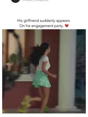 A blurred image shows a woman running away from a building. She is wearing a white top and a green skirt. The image is slightly out of focus, suggesting motion. The scene is set in an outdoor environment.