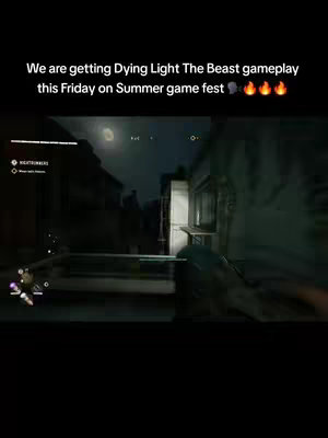 A video game scene filmed in a nighttime urban environment. Text overlayed in the top portion states information about the game.