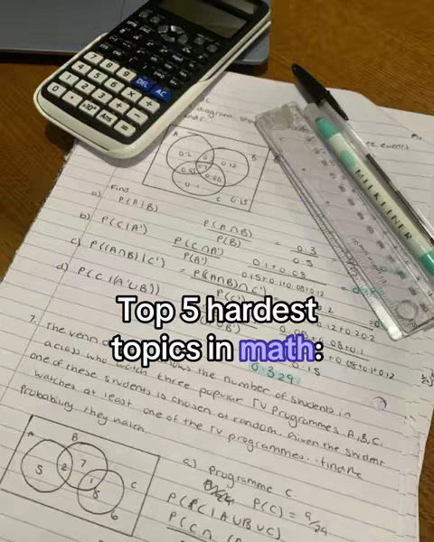 A desk with math notes, a calculator, a pen, and a ruler is the background of the image. The text reads 'Top 5 hardest topics in math'.