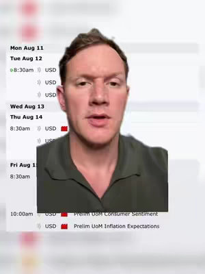 A man in a dark green shirt is centered in the frame against a light gray background.  To the left, a white panel displays a calendar showing dates, times, and monetary symbols, seemingly presenting economical data. The man's expression is neutral, and he appears to be speaking, with the dates, times and symbols forming a blurred background. 