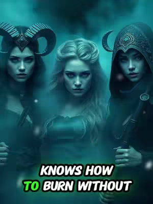 The cover image features three women in a teal-colored environment. The women, positioned closely together, face the viewer with intense expressions. Each is adorned with unique fantasy-themed headwear: one has elaborate horns, another sports wavy locks, and the third wears a hooded headpiece. The bottom of the picture has text overlayed in white and green that reads: "KNOWS HOW TO BURN WITHOUT". The lighting is diffused, enhancing the mystical aesthetic.