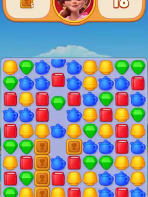The cover image shows a game interface of a match-three puzzle game. There's a grid filled with differently colored shapes. At the top, there's an avatar and a score display. The background seems to be a clear blue sky with some clouds.