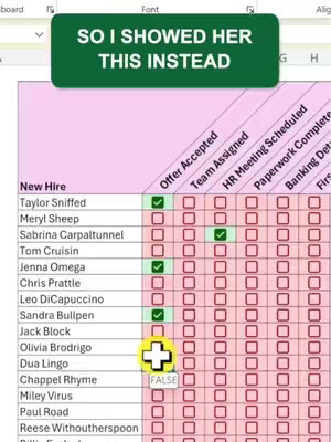 The cover image is a screenshot of an Excel spreadsheet. At the top, a green rectangular text overlay says 'SO I SHOWED HER THIS INSTEAD'. The spreadsheet features a table with columns for 'Offer Accepted', 'Team Assigned', 'HR Meeting Scheduled', 'Paperwork Complete', 'Banking Det', and 'First'. Rows list names with checkmarks in various columns. A plus symbol with the word 'FALSE' is in a yellow circle.