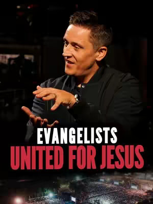 A man in a black jacket is captured mid-gesture, with text overlayed at the bottom. The man, set against a dark background, appears to be giving a speech or presenting, with his hands open, palms up. Below him, the text 'EVANGELISTS UNITED FOR JESUS' is prominently displayed in a bold, two-tone font, red and white, against a backdrop of an unseen large crowd. The composition is well-lit, focusing on the expression and gesture of the man.
