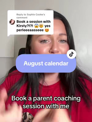 A woman with dark hair and a red shirt is the main subject of a vertical video cover image. Overlayed on her face is a comment bubble from another person and a blue semi-transparent rectangle containing the text 'August calendar'. Below is overlaid text 'Book a parent coaching session with me'. The background is out of focus and shows the interior of what can be assumed to be a home.
