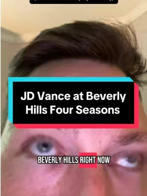 A close-up shot features a person's face, focusing on their eyes that are looking up and to the right. The top of their head is visible and there is text overlay in the center that says “JD Vance at Beverly Hills Four Seasons”. At the bottom is text overlaid that says “Beverly Hills Right Now”. The background appears to be indoors, with soft lighting.