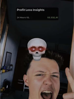 A selfie-style image featuring a young man with short dark hair and a strong expression. A cartoon skull graphic with glowing red eyes is superimposed on the top of his head. The man is making a grimace, his mouth open slightly. In the background, there are dimly lit indoor surroundings, and a graphic in the top-left features financial insights. The color palette is muted, with dark tones in the background and the man's face.