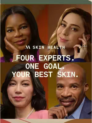 The cover image is a split-screen composition with four individuals' faces. The top left features a Black woman with brown, wavy hair resting her head on her hand, smiling. The top right shows a fair-skinned woman with blonde hair, holding her fingers on her cheek in a thoughtful pose. The bottom left presents an Asian woman with dark straight hair and a gentle smile. The bottom right shows a Black man with short hair, a well-groomed mustache, and a subtle smile also. The subjects are set against a warm, contrasting background with text overlayed that reads, "SKIN HEALTH, FOUR EXPERTS. ONE GOAL. YOUR BEST SKIN."
