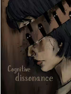 An artistic image features a woman's face, bisected by a mirror or broken surface, overlayed with dark shapes with white eyes. Text stating the video's core idea appears at the bottom.