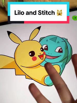 A cartoon illustration featuring Pikachu hugging a Bulbasaur. Pikachu is yellow with red cheeks, and Bulbasaur is green with a bulb on its back. Text at the top reads 'Lilo and Stitch' with an emoji of a shocked face.