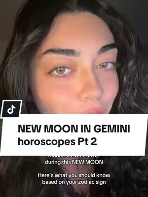The cover image shows a medium close-up of a woman's face with dark hair and light skin. She is looking at the camera. Overlaid on part of her face is a white rectangle containing text related to a new moon in Gemini and horoscopes, along with details about what viewers should know based on their zodiac sign. There is also a TikTok logo on the left side.