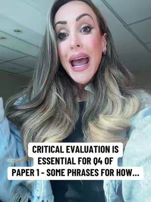 The cover image shows a woman with long blonde and gray hair speaking with an open mouth. Text overlayed on a black background says "CRITICAL EVALUATION IS ESSENTIAL FOR Q4 OF PAPER 1 - SOME PHRASES FOR HOW..."