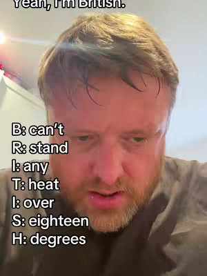 A man with a reddish beard and short brown hair stares intensely at the camera. Text overlays on the left side of the screen spell out a sentence related to British culture.