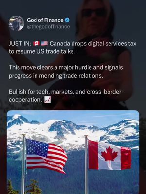The image is a screenshot of a social media post. The top portion of the image features what appears to be an eye-level shot of a person (likely the creator) with a blurred face. Below this, there's a graphic of the American and Canadian flags side-by-side, with a mountain range and blue sky in the background. The flags are positioned on poles. The text in the image includes a headline and further explanation of the current events.