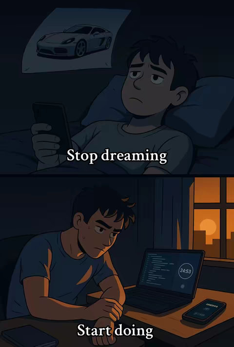 The image is a split panel illustration. The top half shows a young man lying in bed at night, looking dejected while holding a phone. Above him is a poster of a silver sports car. The bottom half shows the same man, now at a desk with a laptop at night, looking focused and serious. The lighting suggests a dim, nighttime setting with contrasting shadows.
