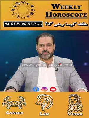 A cover image for a weekly horoscope video.  The image is divided into sections against a light blue gradient background, showcasing the title, astrology signs, and a person. In the top section, the text "WEEKLY HOROSCOPE" is displayed in a sans-serif, bold font with zodiac symbols surrounding a golden circular image. In the middle, the host is featured.  The design maintains a professional but informative layout.