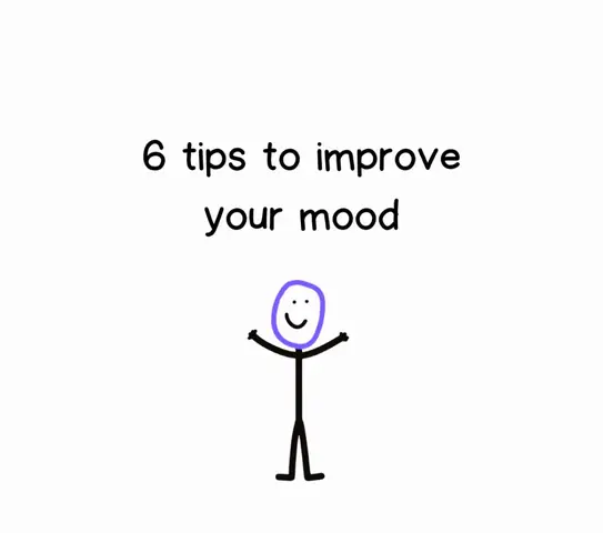 A simple drawing on a white background. Text at the top reads, '6 tips to improve your mood.' Below the text is a stick figure with a purple oval face with a smiling expression, arms outstretched upwards in a gesture of joy. The stick figure is black.