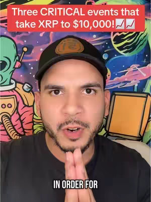 A man with a beard and black cap is the primary focus. A text overlay states 'Three CRITICAL events that take XRP to $10,000!.' The background is an alien-themed mural.