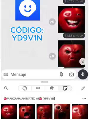 The image is a screenshot of a chat interface, likely WhatsApp due to the layout, displaying a series of animated apple stickers. At the top, within a blue circular bubble, there's a logo with a smiling face. Below it and to the left is text that reads 'CÓDIGO: YD9V1N'. To the right are two apple stickers. The top one is an animated apple with a cheerful expression, and below, an animated apple with an angry face. At the bottom, a row of more animated apple stickers, each with a different expression, and beneath this are some text suggesting it's a sticker pack related to 'animated ai apple'. The layout suggests sharing of sticker packs via code.
