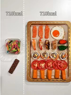 A cover image displaying a comparison of food items, divided into two sections. The left side shows a small glass container filled with colorful gummy candies, a chocolate bar, and a text label '710kcal'. On the right side is a golden baking tray with various food items: slices of salmon, sections of sushi, a fried egg, and a variety of other sushi pieces, along with tomatoes and carrots, and a text label '710kcal'. The background is plain white with a dotted line separating the two sections.