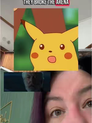 The cover image is a montage of elements. At the top is text in a red banner that says "THEY BROKE THE ARENA". Below this, a surprised-looking Pikachu meme is displayed. Underneath, there is a screenshot from the Hunger Games movie. Finally, at the bottom the creator's face can be seen.