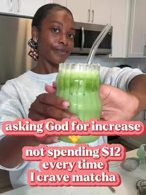 A woman holds a green matcha drink in a clear glass, smiling in a well-lit kitchen. Text overlays include phrases about craving matcha and asking for financial increase.