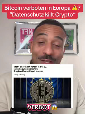 A man is smiling slightly in front of a simple background, which includes a framed piece of art. The man is looking towards the camera and below him is a split-screen displaying information about Bitcoin and regulations. Text overlays are present.
