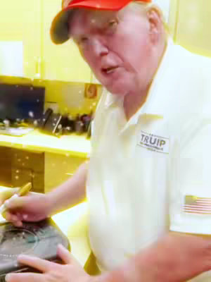 A medium shot shows a man, presumably Donald Trump, in a white polo shirt with the word 'TRUMP' on it, and a red baseball cap, writing on an object. The background is blurred, showing a desk and other elements. The lighting is bright and the overall tone seems to be candid.