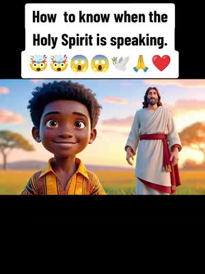 An illustrated cover image with the text 'How to know when the Holy Spirit is speaking.' in a white banner. The image depicts a cartoon of a young man with dark skin and a bright yellow shirt, smiling. To his right is a cartoon depiction of Jesus. There are emojis above the two characters, showing various faces and actions.