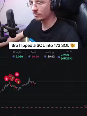 A man is seated in front of a microphone, looking toward the left side of the frame. Overlay text at the top declares a financial achievement. Below, a simulated trading interface shows data, including buying, selling, holding amounts, and a chart.