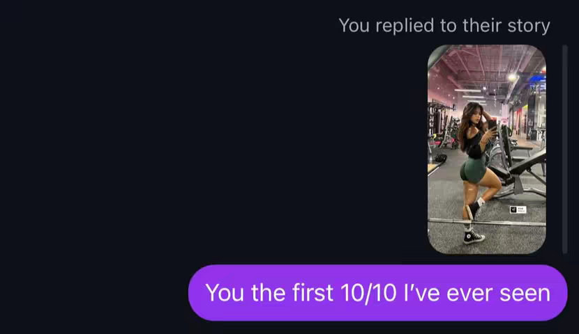 A screenshot from a messaging app shows a selfie of a woman in a gym environment. The image is overlaid with a purple message bubble containing text.