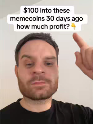 The cover image shows a man in a black t-shirt with a blurred background and overlay text. The man, with short, dark hair and a beard, is looking up and has his right index finger pointing up towards text in a white rectangular box that says, '$100 into these memecoins 30 days ago how much profit?'