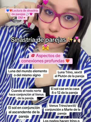 A woman with pink-rimmed glasses smiles at the camera while various text boxes with horoscopic information are on screen.