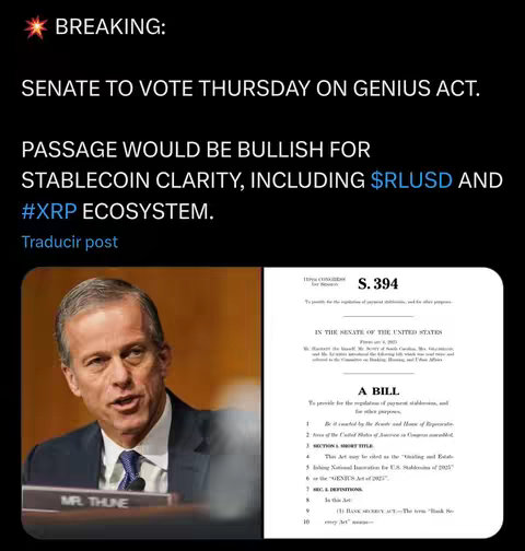 The cover image features a man speaking, likely Senator Thune, with overlaid text about a Senate vote on the Genius Act. A document labeled 'S.394' and parts of a bill are visible in the background. The layout uses a black background for the text, which contrasts with the color photo of the speaker while a bill appears at the background.