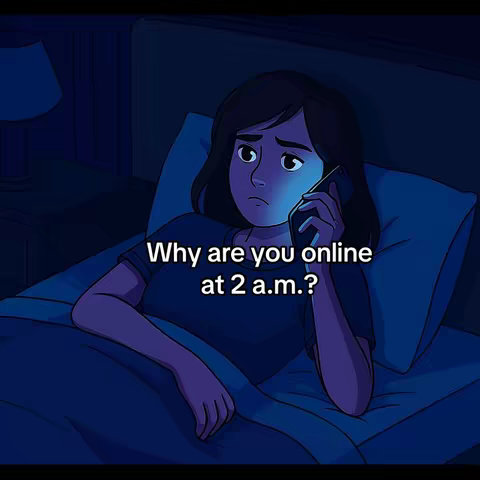 An animated image of a woman in bed at night, illuminated by the blue light of a phone. She has visible worry on her face and is holding the phone to her ear, with text overlaying it.