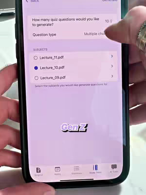 A smartphone screen displaying an app interface. The interface is light purple and shows a list of selectable PDF files with a question type setting. A hand is partially visible, interacting with the screen.