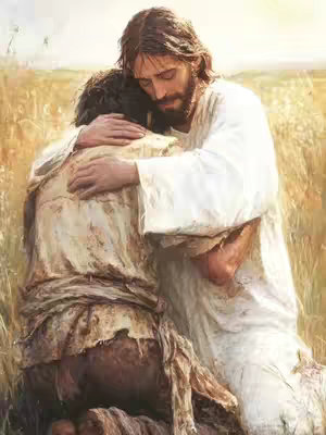 An artistic rendering of Jesus Christ embracing another person. Jesus, dressed in white robes, is on the right, embracing a person who is kneeling and wearing tattered clothes, with their back mostly to the viewer. The background shows a blurred field and pale sky.