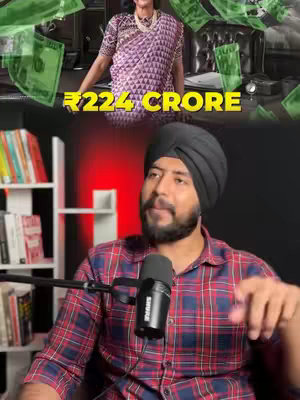 The image is a split-screen. The top half shows money falling and a person in a purple sari. The text overlay says 224 crore. the bottom half shows a man in a turban speaking with a microphone.