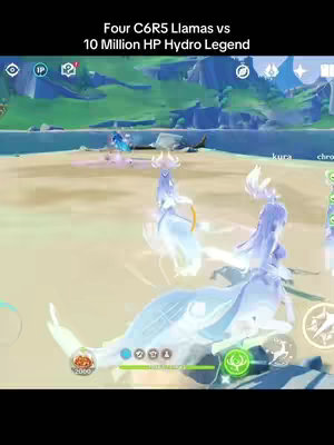 The cover image shows in-game footage from Genshin Impact. The composition is from a third-person perspective, with various characters central to the scene. The overall color palette is dominated by blues and greens, reflecting the game's environment, with translucent elements. The background includes what appears to be a beach and body of water.