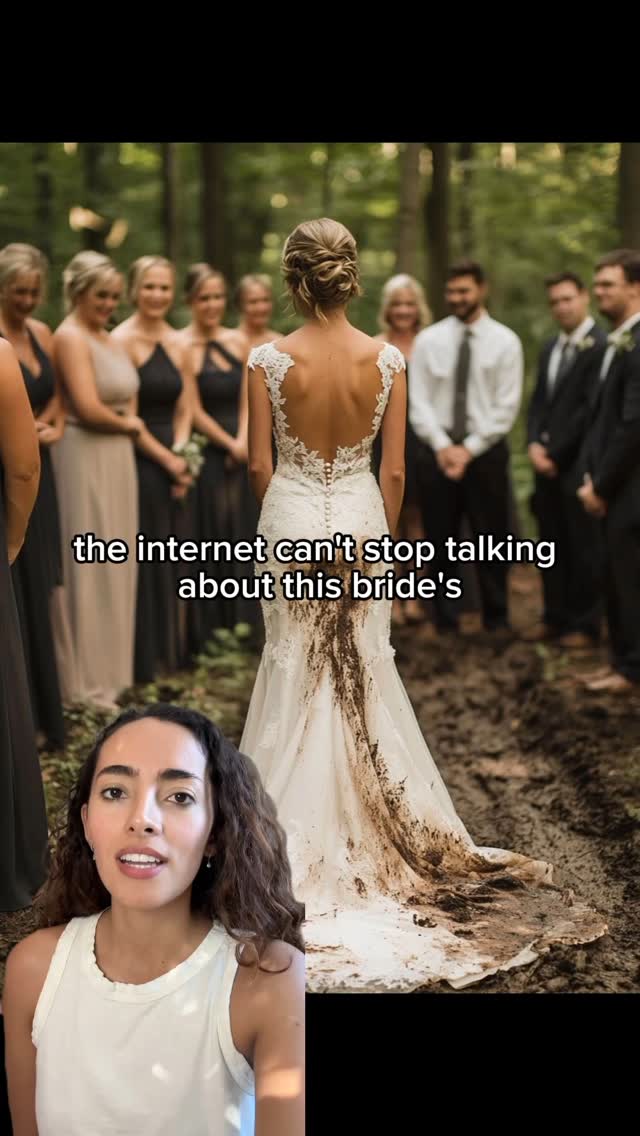 The image shows a bride from behind, wearing a white wedding dress with a long train heavily soiled with mud. She stands in front of a group of bridesmaids and men in suits and ties. A woman in casual attire is shown in the bottom, overlayed on the image.