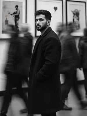 A  black and white photo of a man in a long coat standing in front of an art gallery with people passing by creating motion blur, there are some framed art pieces behind him.
