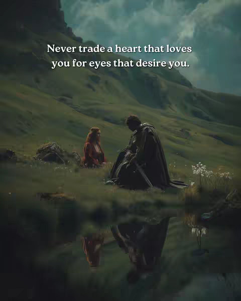 A serene image depicts a mountainous landscape beneath a cloudy sky, with reflections in a body of water in the foreground. Two figures are positioned on a grassy area, the man in shadow and the woman in view. Text at the image's top reads, "Never trade a heart that loves you for eyes that desire you."