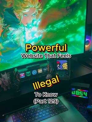 The cover image displays a desktop setup. A computer monitor shows an animated scene and is framed by text overlays and other tech accessories. Text overlays in yellow, bold fonts say "Powerful" and "Website That Feels" and "Illegal" and "To Know" and "(Part 129)". A laptop, clock and additional decorative pieces are also visible.