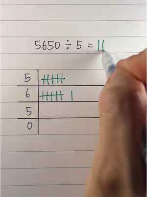 A close-up shot of a handwritten mathematical equation on a piece of lined paper. The equation is 5650 ÷ 5 = with the hand next to it is writing the next step of the equation as part of a math tutorial.