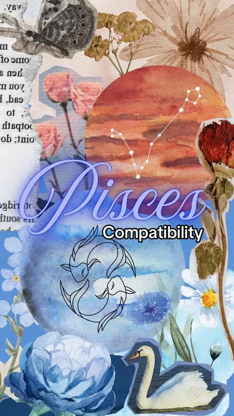 An artistic collage featuring a mix of elements. A large, blue, watercolor-style circle at the bottom. Overlaying this are two black fish with the word "Compatibility" and the word "Pisces" over it.
To the top-right are an image of a watercolor sunset design over a constellation.