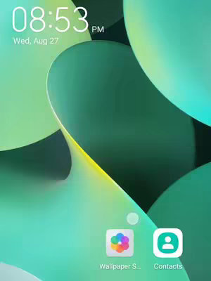 The cover image displays a smartphone screen with a green abstract wallpaper. The time is 08:53 PM, and the date is Wednesday, August 27. Two app icons are visible at the bottom: 'Wallpaper S...' and 'Contacts'. The overall composition is clean and minimalistic.