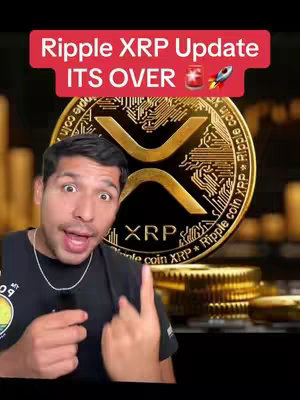 The image features a man with a surprised expression, overlaid on a background that includes a large, gold XRP coin and stacks of gold coins, suggesting a finance or cryptocurrency theme. Above him is a red banner with white text that reads 'Ripple XRP Update ITS OVER'