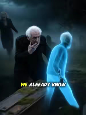 The cover image shows an elderly man in a black coat standing in a graveyard with his hand to his mouth in a thinking pose. Next to him is a translucent blue figure of a person. In the background, a woman in black is walking away. The overall tone is dark and mysterious.