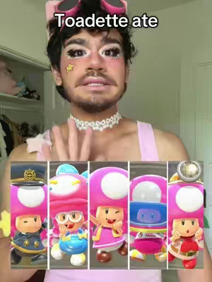 A person with makeup is in front of a beige closet door. The person wears a pink tank top, a jeweled choker, and sunglasses perched on their head. The person is holding their hand out to the side. Below the subject, a row of Nintendo character Toadette images appear. The text overlay says Toadette ate.